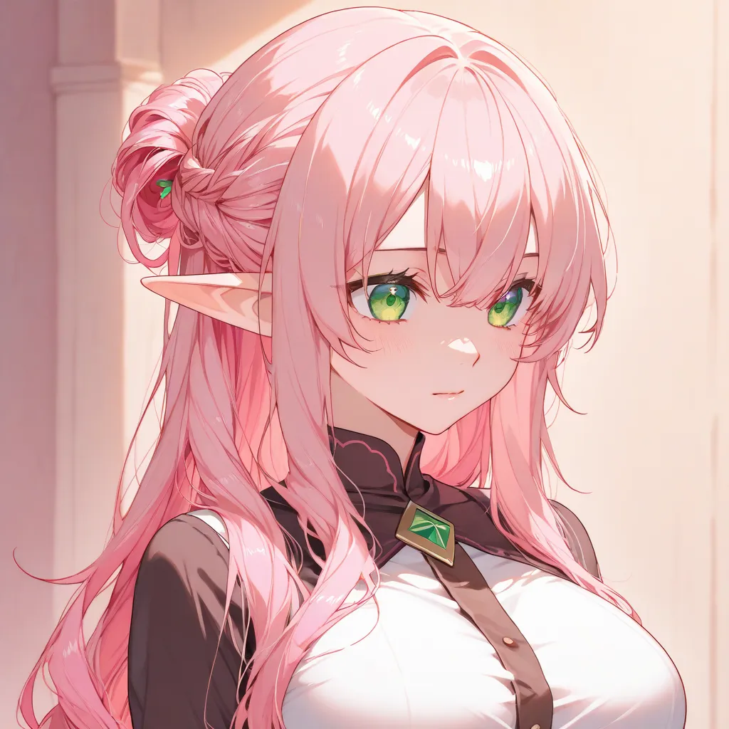 ((Prototype a character)) , ((( detailed))) , (((Just one character))) , Alone,  Woman,  Elf Ears, very long pink hair, light pink, green eyes, long and beautiful hair, (((hairstyle for hair))), fringe, a kind look, eyes, (((rosto  detailed))) , Beautiful ...