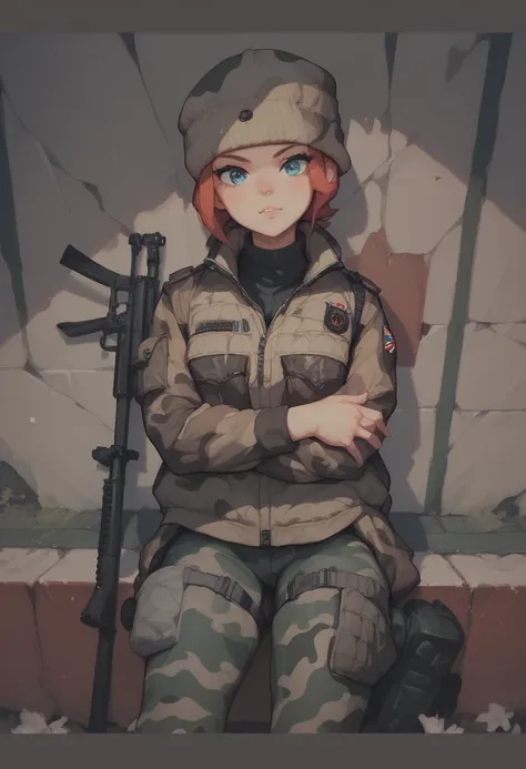 anime girl  a camouflage jacket, camouflage balaclava, camouflage pants 