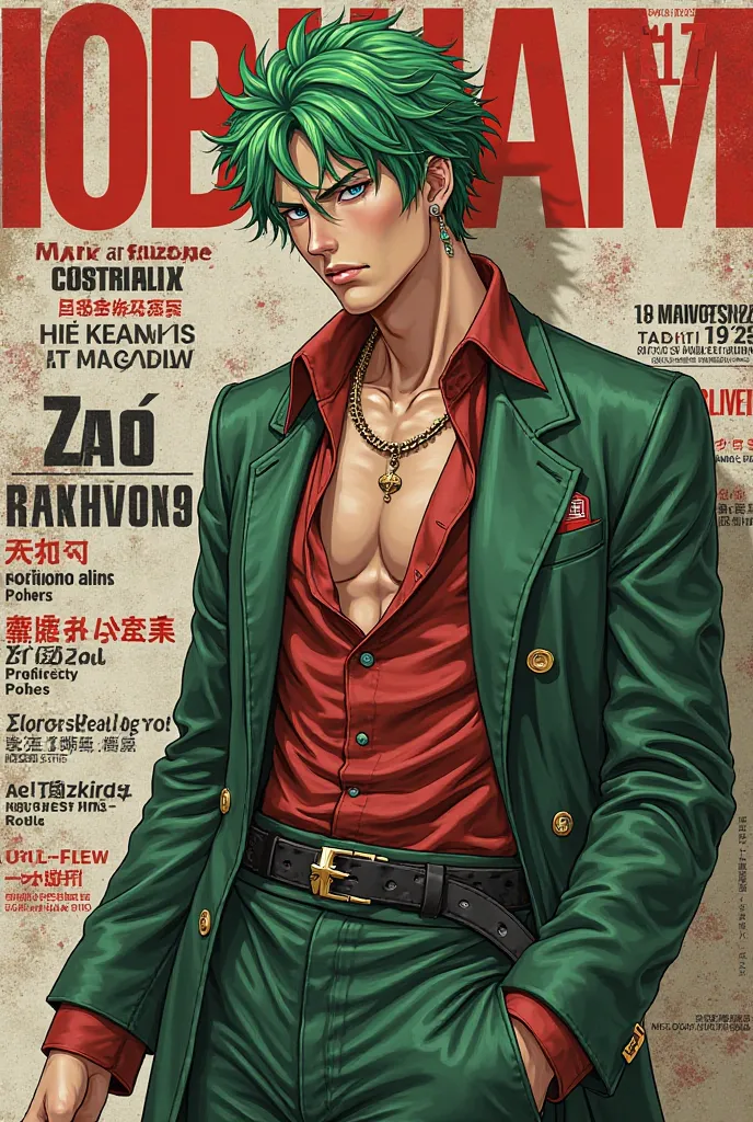 Create the cover of the fashion magazine Roronoa Zoro de OnePiece real man hyperrealistic Hyperrealism as the protagonist of the cover and with background texts as if it were a real magazine.  outfit.  hyperrealism. live action magazine. green hair