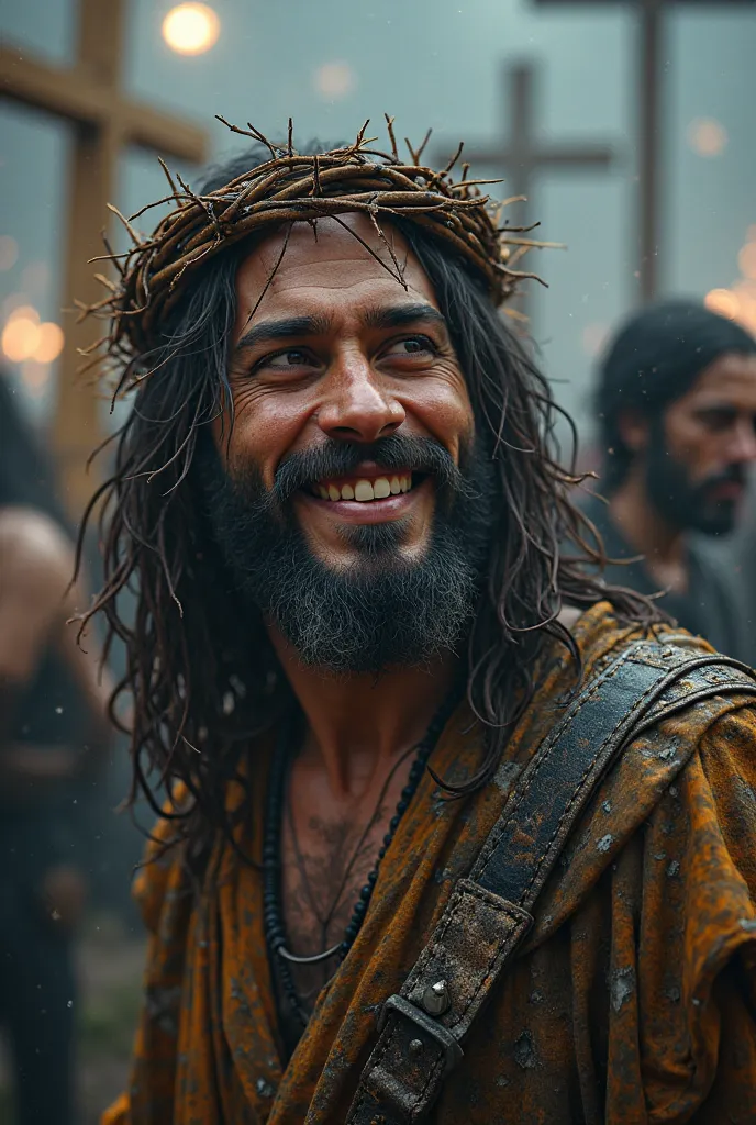 Jesus smiling Metalist in ragged clothes, mysterious smile, A crown of thorns on the head, realistic view, HdR, At a metal concert, In the background, a dancer near wooden crosses