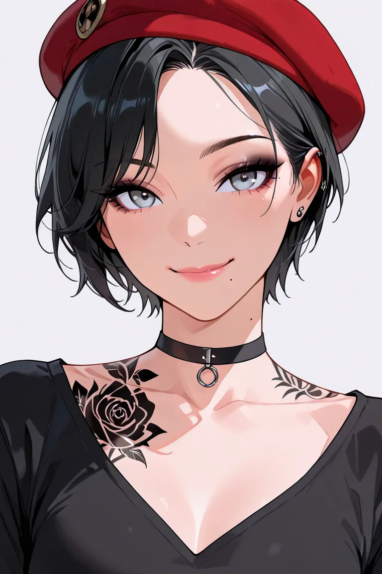 a woman has makeup, with flowers and tattoos on her upper chest, 1girl, solo, looking at viewer, smile, short hair, simple background, shirt, black hair, hat, collarbone, upper body, choker, mole, lips, grey eyes, black shirt, tattoo, makeup, beret, pierci...