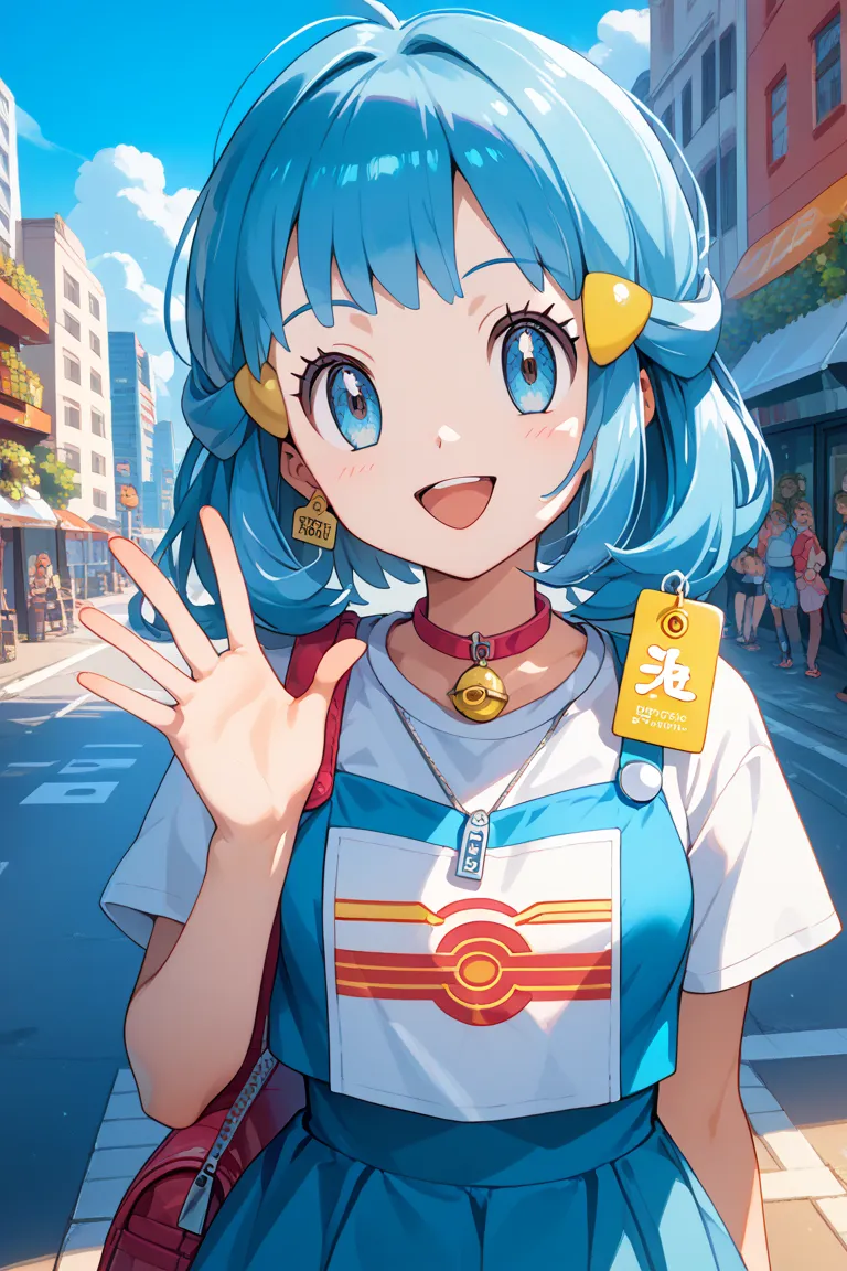 Hikari, who appears in Pokémon, smiles, spreads her arms, and waves her hands in the city during the day to say goodbye。