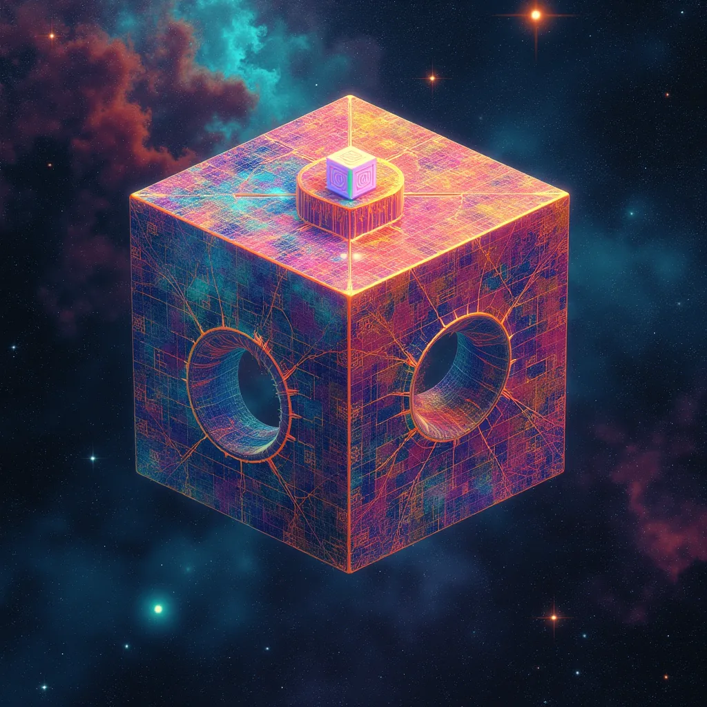 an album cover by Béla Czóbel, presented in devianart, cube-futurism, cellular, nebula, stellaris, a geometric image allegoric to consciousness. The background of the image is a dark space with stars, creating a cosmic effect.