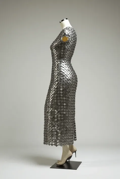 Paco Rabanne's 1967 Dress
A vintage piece made of chain-link aluminum squares and rectangular plates, representing a unique approach to luxury fashion. 
On a maniqune ( only one maniqune )
Show me the full maniqune 