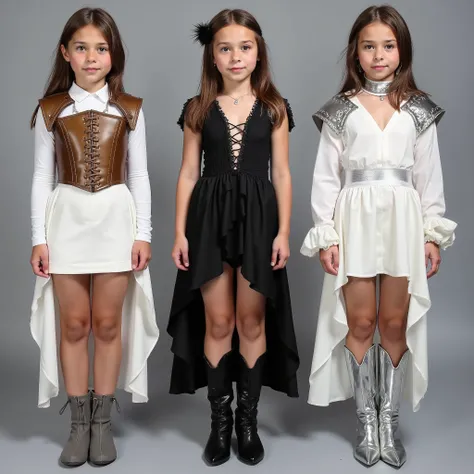 The same young girl is standing exactly full length in the image, dressed in three types of robes, 1 type - dressed in a short white skirt with a leather corset, grey shoes, 2 type - dressed in a black satin dress with a cut out on the leg, bronze corset, ...