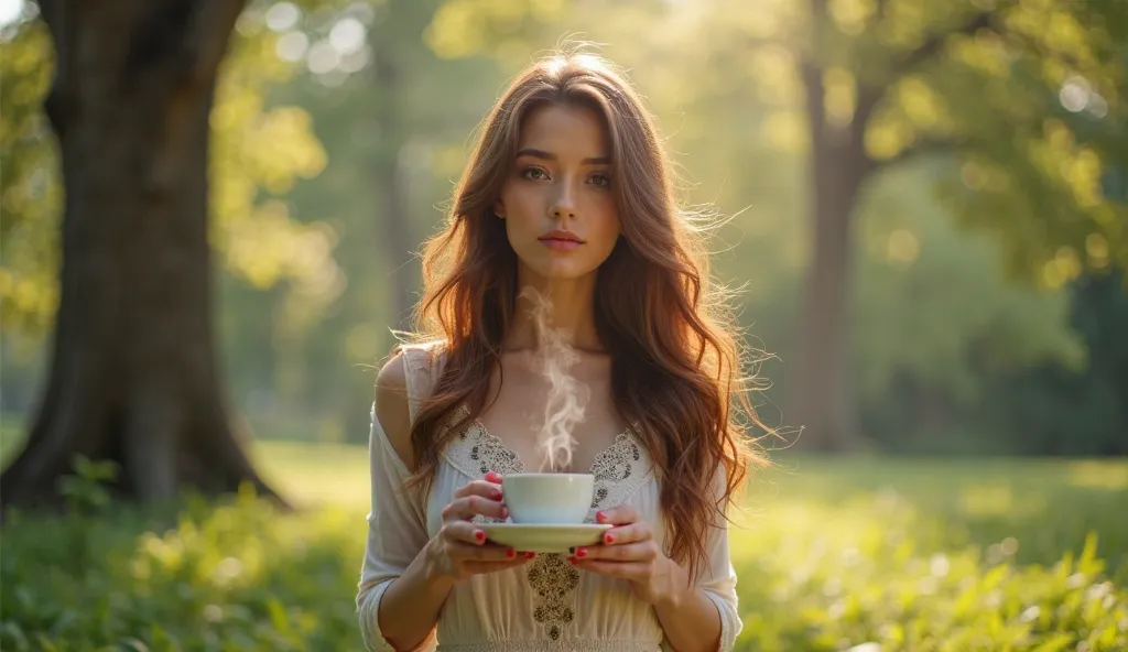 A young and beautyful lady with brown hairs is standing in park and have a cup of coffee in his hand  