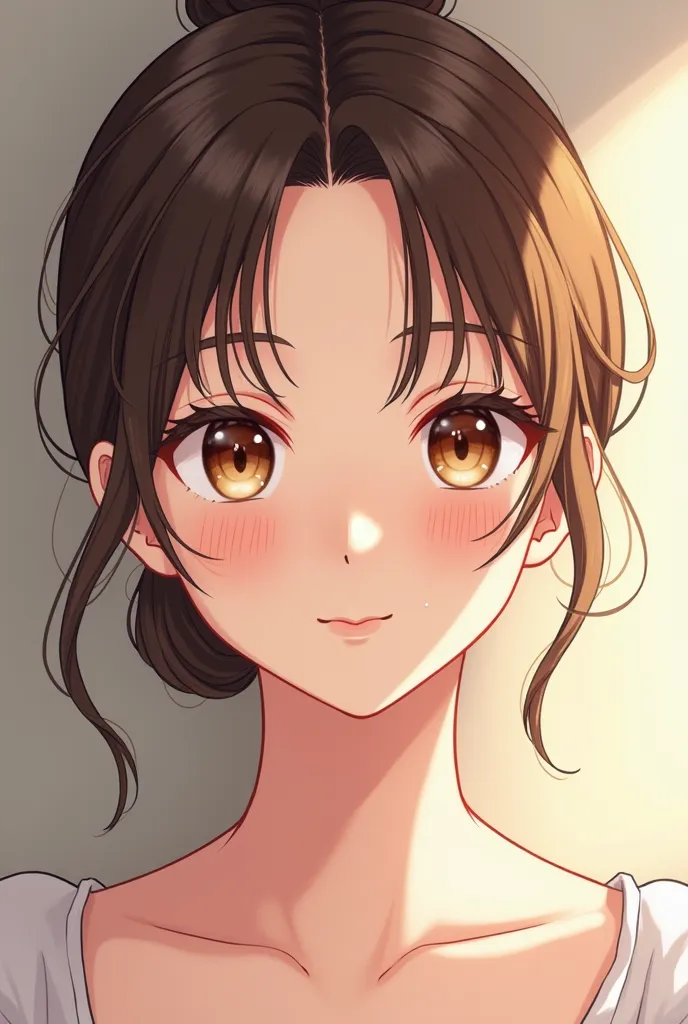 24-year-old girl with her brown hair tied up without a single piece of hair falling on her face. Reader with brown eyes. Anime Style