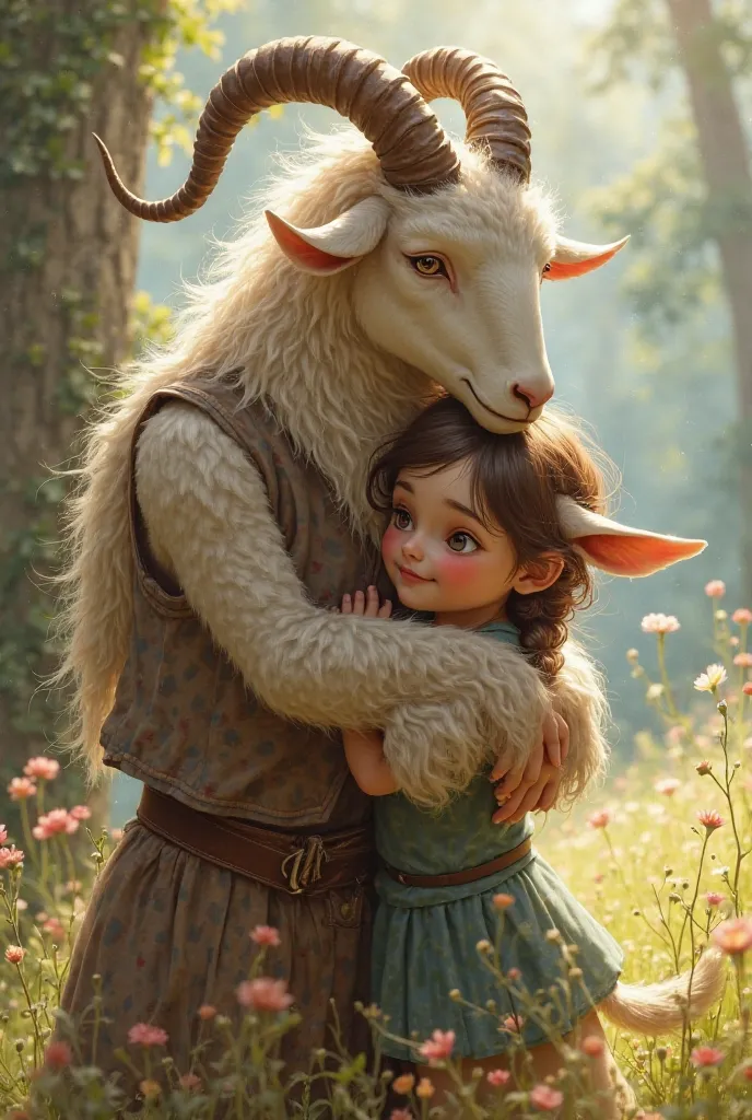 A humanoid goat hugging a girl in a very tender way 