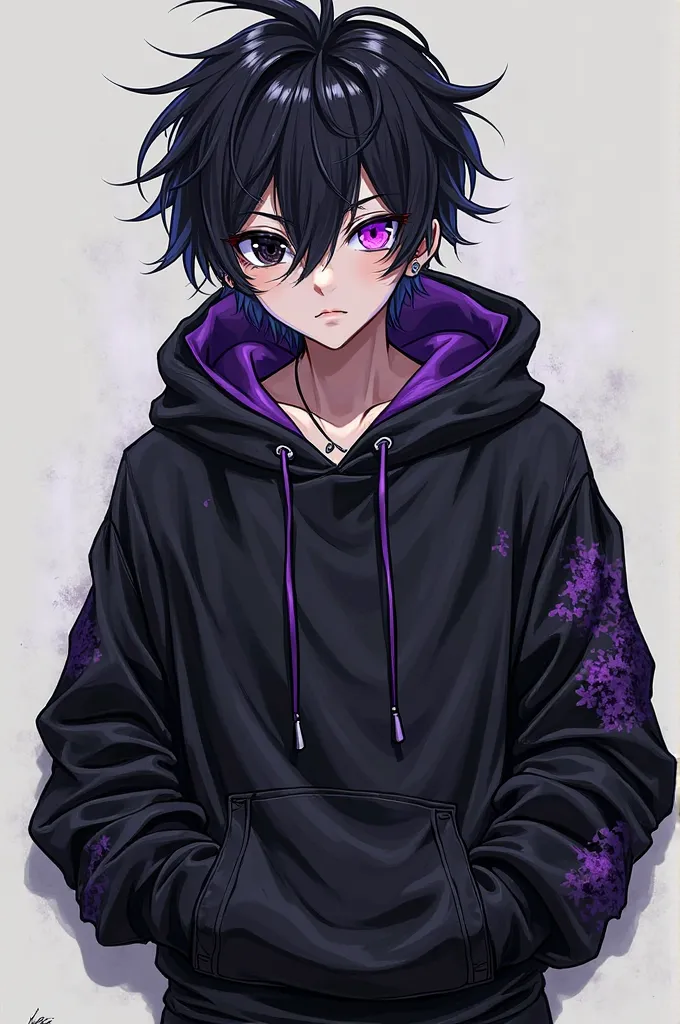 Anime, male, black hair, messy hair, one black eye and one purple eye, black hoodie with a little purple pattern, black jeans