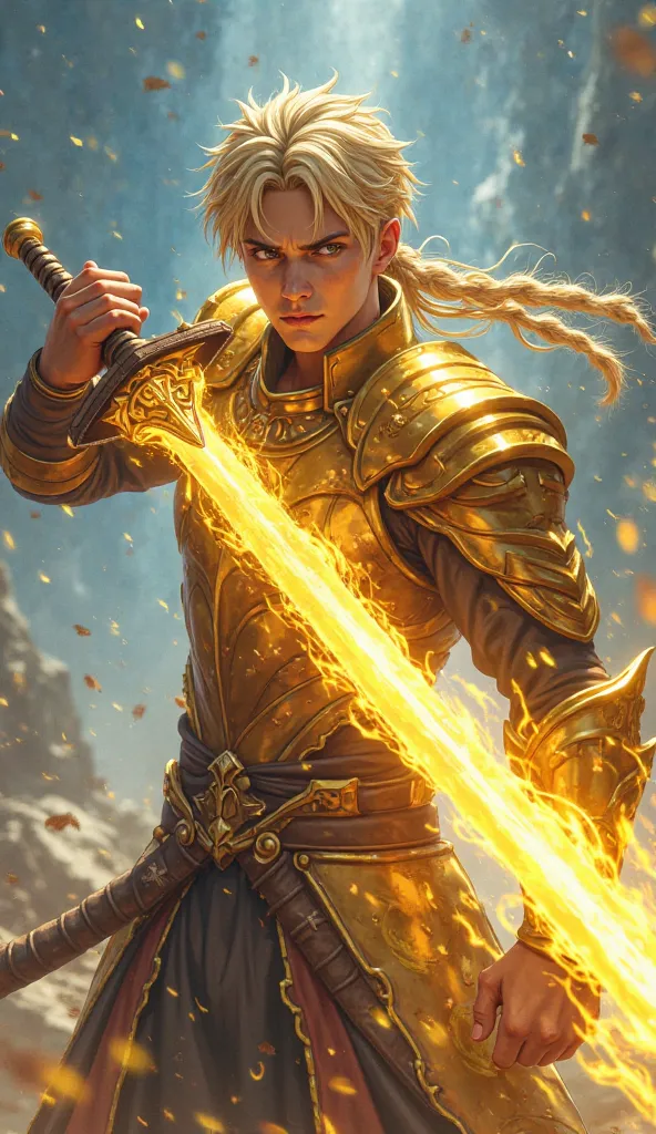 1garoto (22-year-old blonde with braided hair with shaved sides,) With a sword that radiates power, with a yellow and blue energy, The sword is big and golden, He wears a golden anime armor 