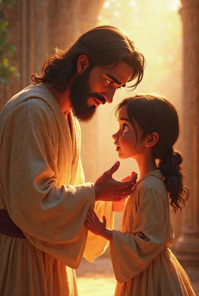 "An animated, cinematic-style image inspired by Pixar, depicting Jesus Christ having a heartfelt conversation with a young girl. Jesus has warm, kind eyes and wears a flowing robe, while the girl, around , looks up at Him with curiosity and admiration. The...