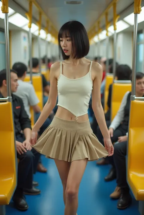 A picture of a cute Thai model with short black hair, slender figure, a cute 20-year-old girl, big breast. She is standing in a train with a blue floor and stainless steel poles, and there are yellow chairs lined up on both sides of the train wall. On top,...