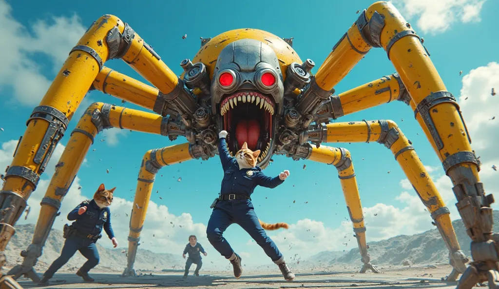 "A dramatic sci-fi action scene featuring anthropomorphic cat police officers battling a towering cybernetic spider-like robot. The robot has a terrifying metallic skull with glowing red eyes, sharp mechanical teeth, and eight massive yellow hydraulic legs...