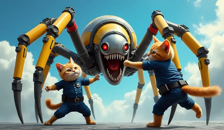 "A thrilling sci-fi action scene where anthropomorphic cat police officers are caught in a chaotic battle against a giant mechanical spider-like robot. The robot has a metallic skull with glowing red eyes, razor-sharp teeth, and massive yellow hydraulic le...