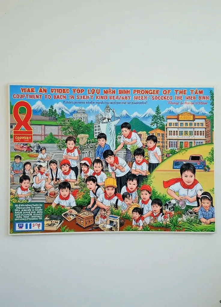 "A vibrant painting depicting the ren of Ninh Binh province actively participating in a movement to study and follow Uncle Ho's five teachings. The artwork showcases students in their Young Pioneer uniforms (white shirts and red scarves) and kindergarten r...