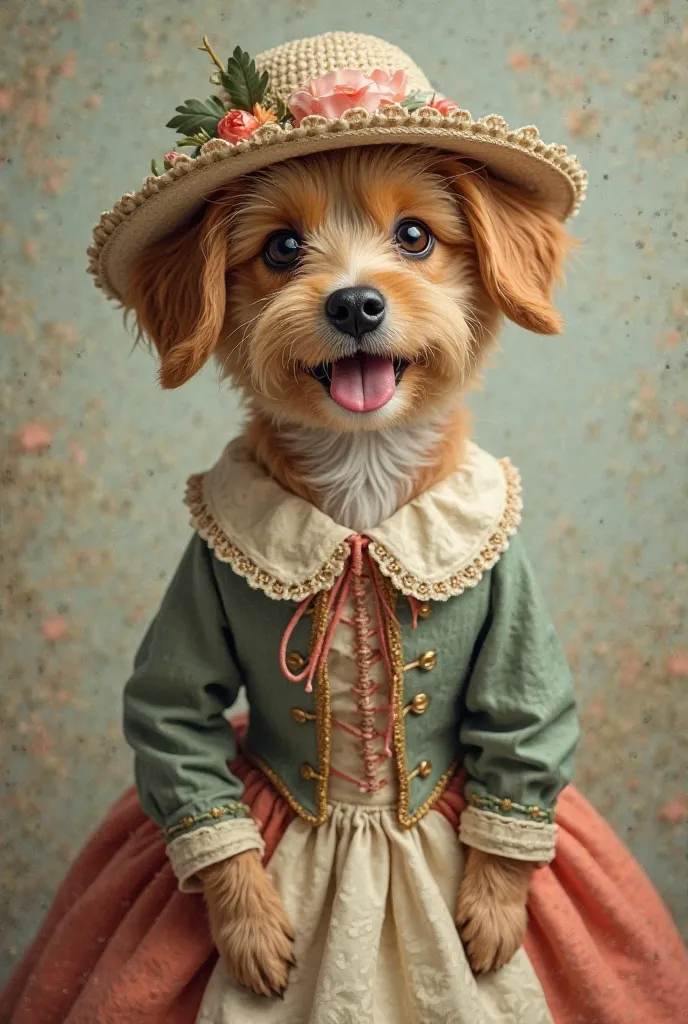 The dog with hat and old dress
