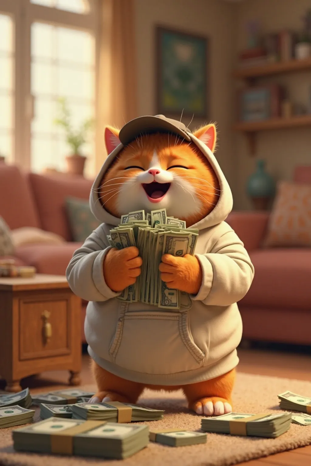 In 3d Pixar animation.
Character, a chubby orange girl tabby cat wearing hoddie and a cap
Action, cat counting a lot of cash money happily. 
Background, living room with camera lighting. 