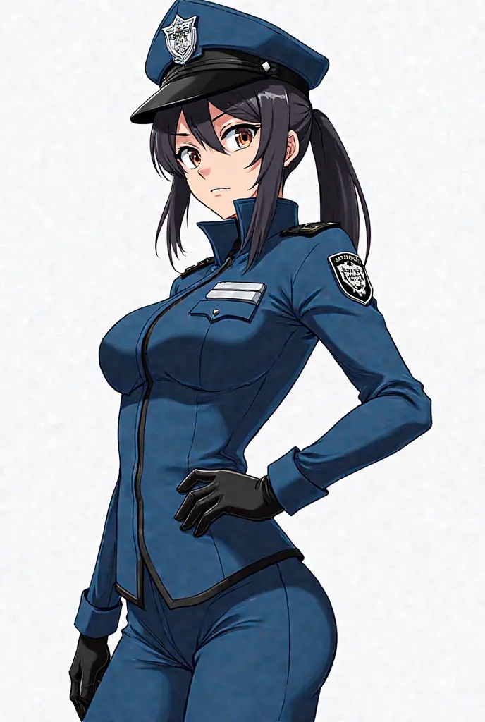 Female police anime hd blue outfit ,black and white with white background 