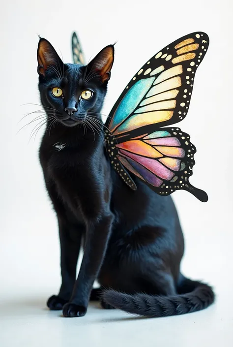 black cat with butterfly wings on white background 