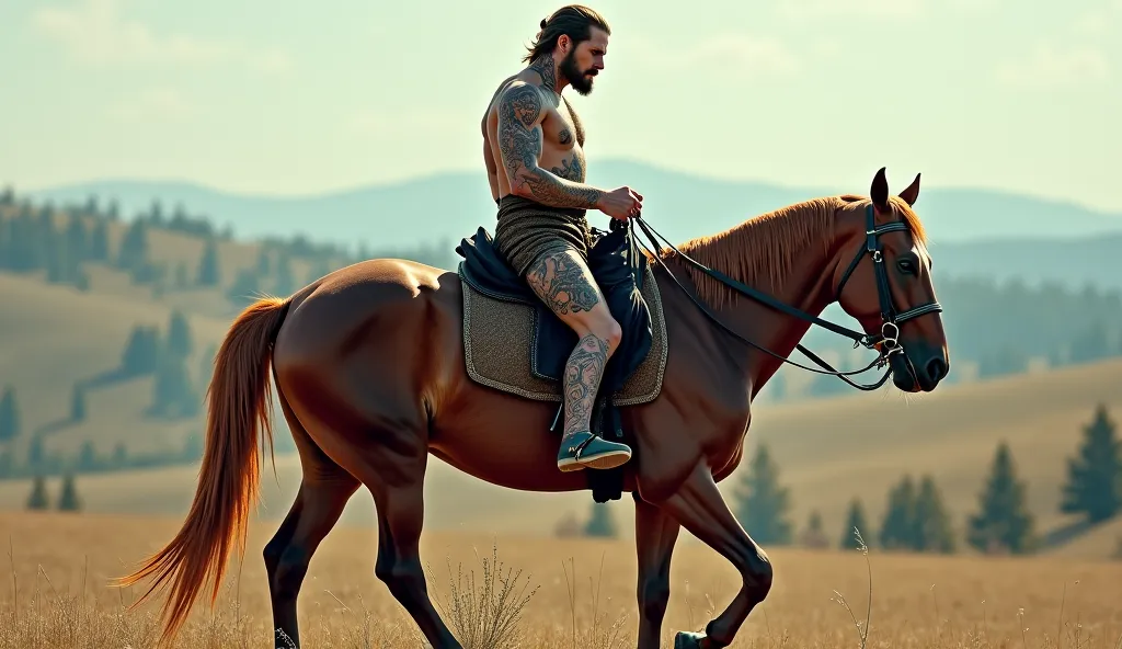 A king, whose body had many tattoos, was riding a horse and going somewhere.
