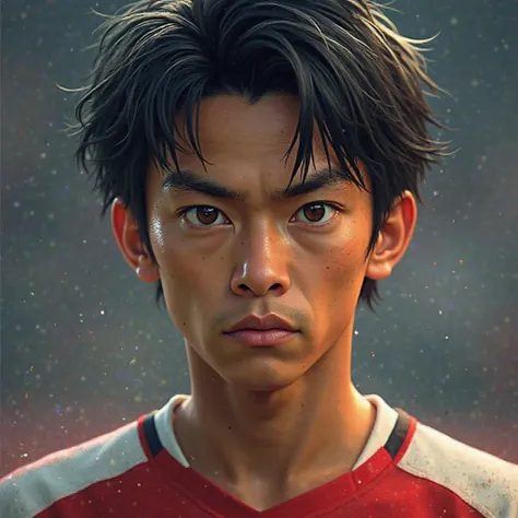 Portrait photo of a determined-looking soccer player,  representing Hidaka's strong defensive skills.  Sharp focus on the eyes,  serious expression,  well-lit background,  high resolution,  realistic style.
