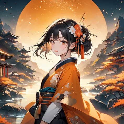 Beautiful woman in a Japanese clothing,Beautiful Japanese-style background, gorgeous, looks at one woman,glitter effect, Dadaism, black and orange and gold、
