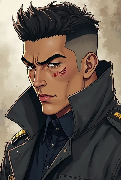 Okay i want you to create a unique manhwa character for me, he is a super agent who have been trained by the special force army for 20 years, so create me his skin is a little bit tanned the hairstyle is two block cut and he have scars on his eyebrows