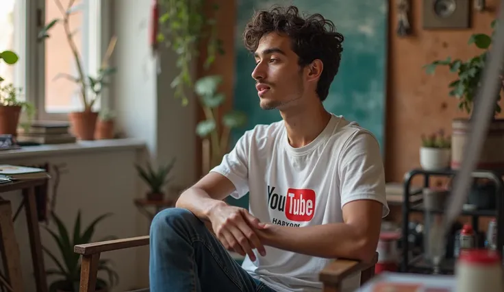 A 20 -year -old boy sitting in a studio Telling some things His cloth should have YouTube logo and should be written in front of BHAKTI jhankar 