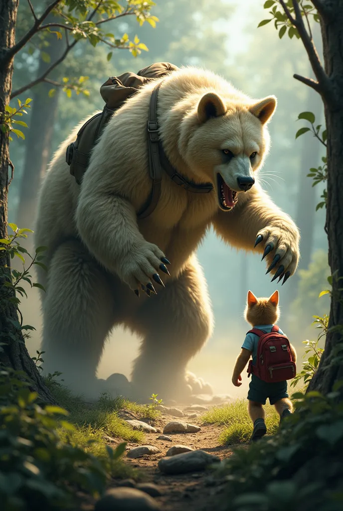 "A fierce battle erupts in the heart of the forest. The muscular father cat, his white fur bristling under his rugged khaki hiking vest, cargo shorts, and sturdy backpack, lunges at the massive bear, his sharp claws gleaming in the filtered sunlight. The b...