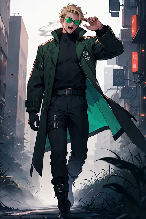 1Men, Solo, slim and tall; longe Blonde Hair; green Eyes; dark green futuristic coat, Belts on cloth, cyber city background, rechteckige sonnenbrille, smoking, one eye closed,yawning, high bootswith belts, night,