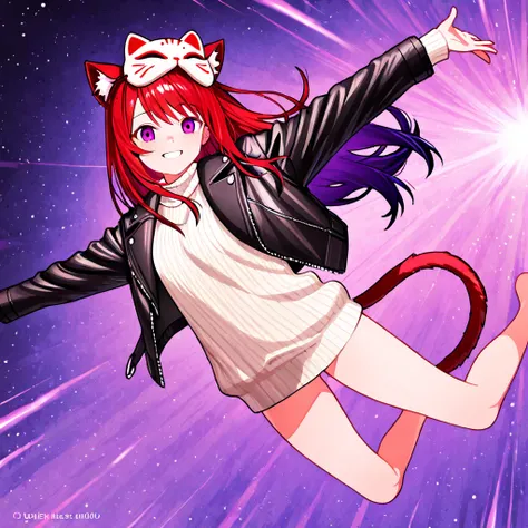 Full anime illustration, sweater depicting a girl in a homemade cat mask with playful, with confident eyes and a bright smile. She jumps in place, raising her arms high, expressing excitement and energy. Her long hair flutters, She is dressed in a stylish ...