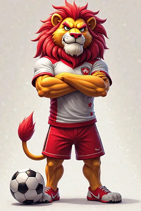 A lion mascot of a
e-sports team. The lion is using
a red and white uniform. shirt
Red and white with a gradient between colors.  red shorts .  Meião Branco.
The lion has an angry face. Ele
standing with arms crossed. A soccer ball on the foot. Pose
Of pow...