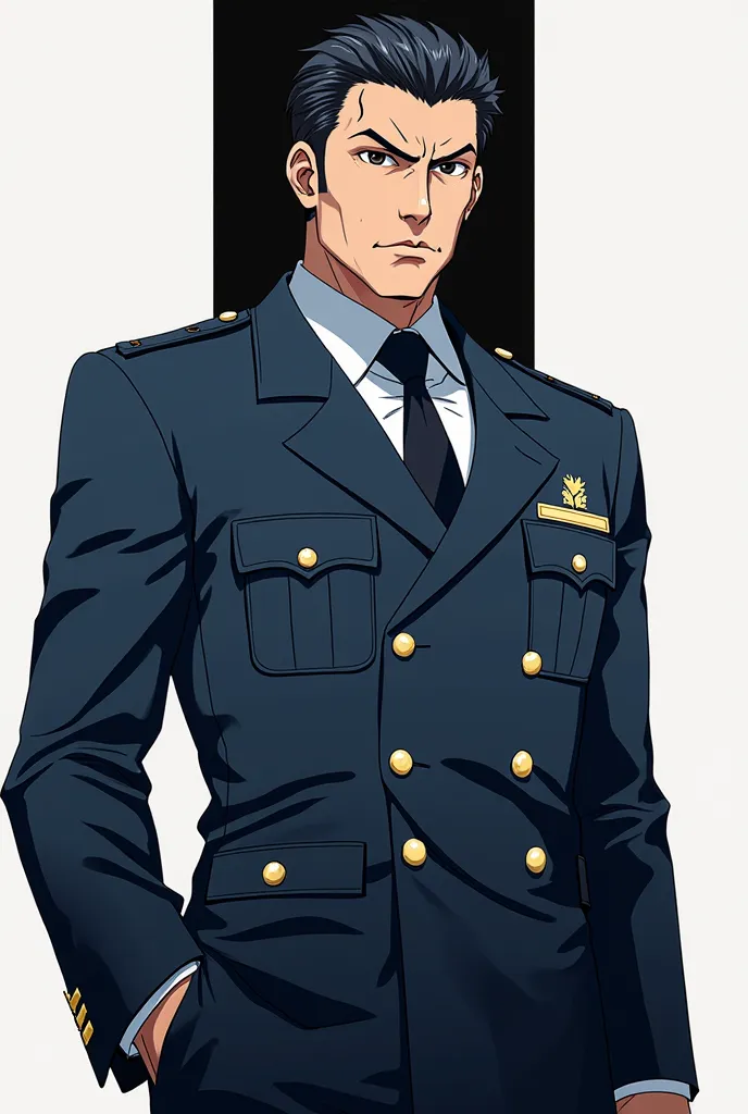 Police male anime hd serious face, blue outfit ,black and white with white background