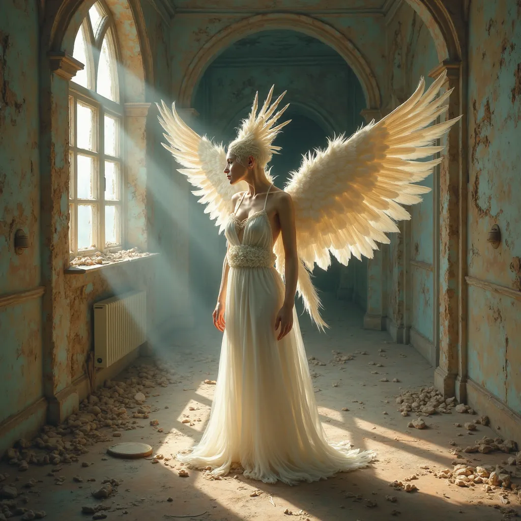 dsk_fantastical_art, a fantasy painting of a chimera angel in a long dress standing in the hallway with dilapidated sunlight