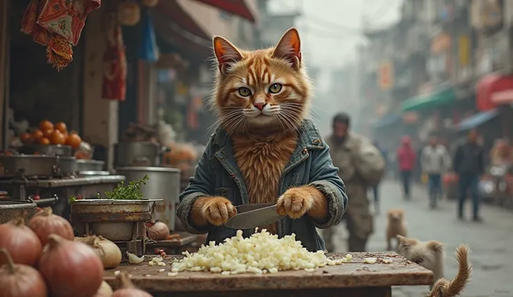 "A scruffy, poor cat with ragged clothes chopping onions on a small food stall in a busy urban street. The cat, looking tired but focused, has unkempt fur and a sad expression, but its posture shows determination. The food stall is modest, with simple cook...