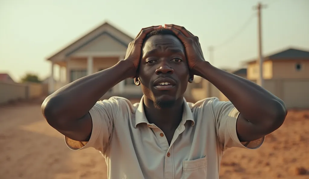 Koffi, jeune homme africain à la peau foncée, vêtu d’une chemise moderne, les yeux grands ouverts de stupeur, la bouche entrouverte en signe de choc.

Ses mains sont posées sur sa tête, signe de désespoir.


Scène :

Un terrain vague en arrière-plan, là où...