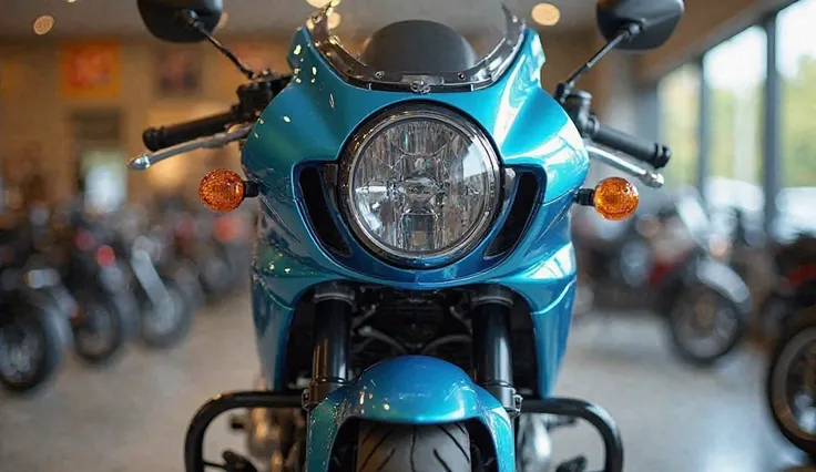 "A high-quality, realistic image of a 2025 kawasaki Retro street , color shine glowing Blue Matllilc photographed from the front side  view. The motorcycle should have accurate details, realistic lighting, and a natural background like a showroom or outdoo...