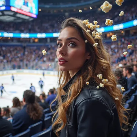 A social media influencer at a Canucks game, trying to record a vlog, but a player’s slapshot sends popcorn flying into her hair.