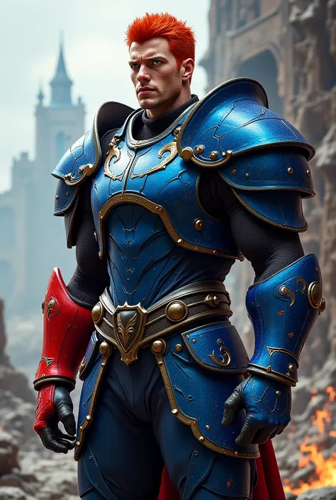 Tall man short red hair golden eyes blue and black armor red gauntlet