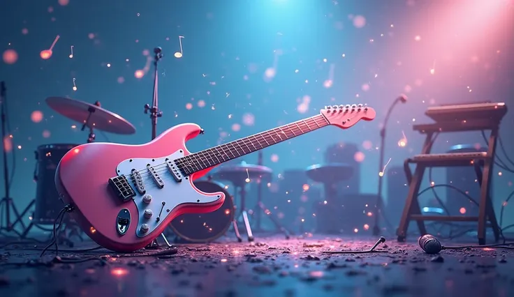 "Create a high-detail digital illustration of a serene, musical-themed scene featuring various band instruments. A beautifully detailed electric guitar (lead guitar) should be the main focus, positioned dynamically with glowing highlights that emphasize it...