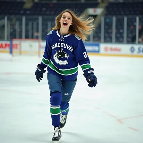 A stylish woman in a designer Canucks jersey walking onto the ice for a photoshoot, but she instantly slides like a cartoon character.