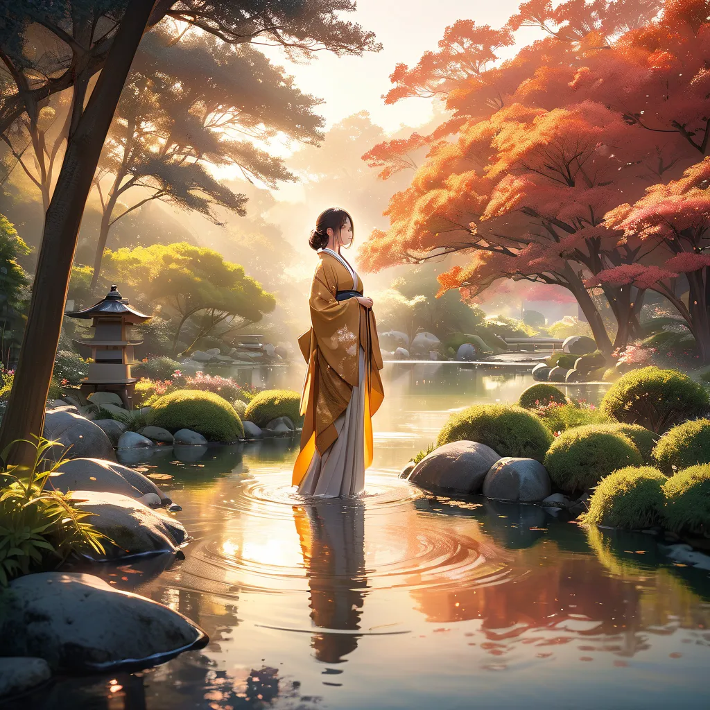 Beautiful woman in a Japanese clothing,Beautiful Japanese-style background, gorgeous, looks at one woman,glitter effect, Dadaism, Gold & Silver & Copper、
