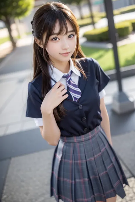 日本人モデルが  school uniform で写真のポーズをとっている, JK uniform , かわいいhigh school girl, Japanese 女の子  school uniform, 日本の school uniform,  school uniform, 現実的なhigh school girl, high school girl,  school uniform,   school uniformを着て 、looking at the camera、 beautiful eyes...