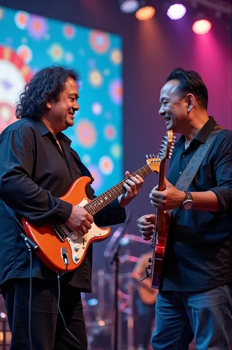 two Indonesian men, both 40 years old, tall, a bit fat, oval faces, one cut long, curly hair, one side-parted haircut, neat, rather long, wearing a long-sleeved shirt, all black, smiling faintly, playing an electric guitar, facing each other, on a music st...