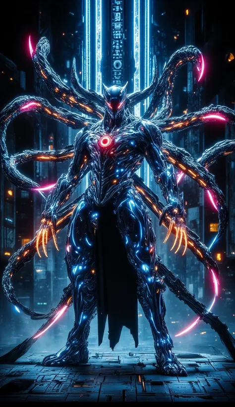 "A futuristic, biomechanical humanoid figure with an imposing presence, standing in a dark, high-tech environment illuminated by beams of cold blue light. The figure's body is sleek and metallic, resembling a fusion of advanced technology and organic life,...