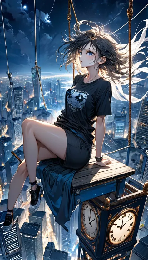 Highest quality,  super fine, 16k, are unbelievably ridiculous, very detailed,  beautiful woman sitting on a trapeze suspended between two skyscrapers,  looks into the distance , Wear a loose long T-shirt,  The enchanting look of , wind, wind-effect, Moonl...