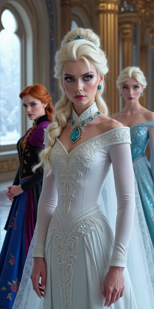 Regal Blonde Woman (Main Focus, Elsa-like character in white gown)

She has platinum blonde hair styled in an elaborate updo, with strands adding volume.
Her makeup is bold and intense, featuring dark purple eyeshadow and sharply arched eyebrows, reinforci...