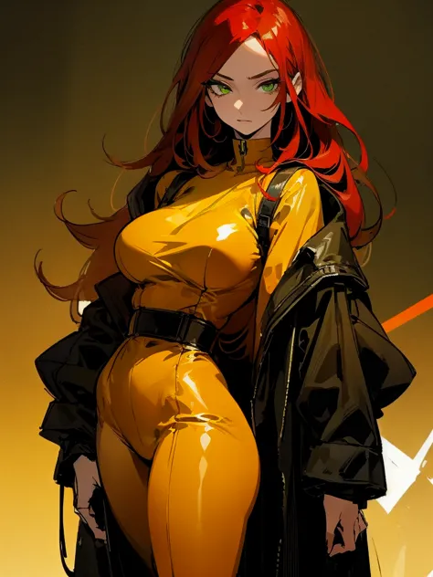 Mature woman with a serious eye, focus on face,  long red hair,  shining green eyes, in a mustard yellow jumpsuit, big breasts, looks 35 years old, the eye on the viewer,  looking into the camera , , background - cyberpunk battlefield, free hands,  thick h...