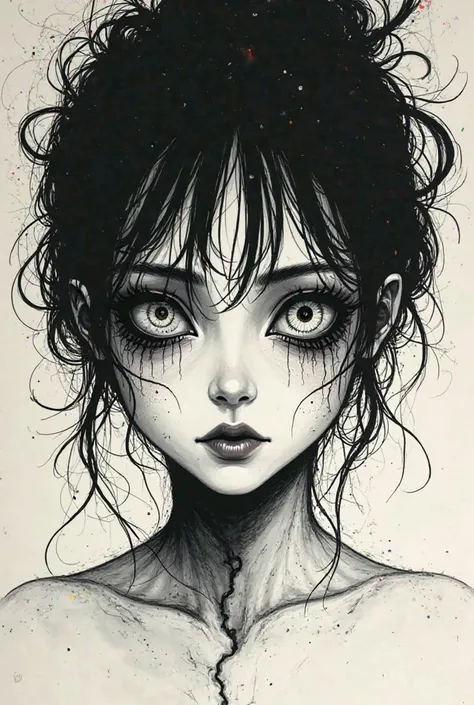 Faire des yeux sur le visage d'une tres belle fille dans le style junji ito noir simple en dessin