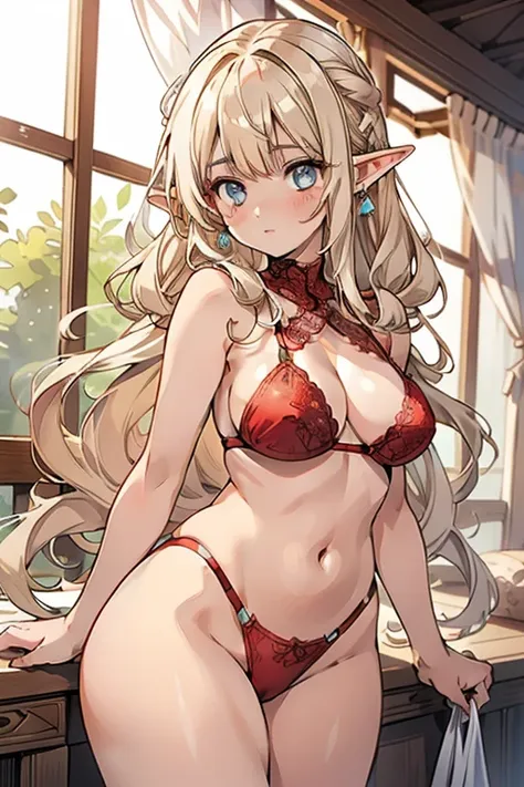 Elinalise DragonRoad: Elf woman with white blond hair in strongly defined curls. In the body, She has a curvy figure with medium tits, wide hips and shapely legs. Her eyes are light reddish brown and she sported her characteristic pointed ears, customary t...